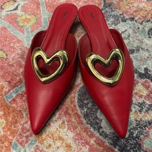 Anthropologie Red Mules with Gold Heart Detail